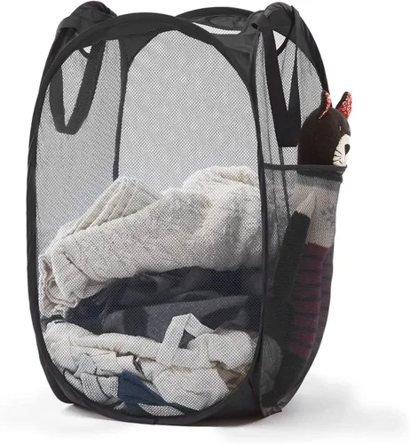 Cesta de malla desplegable para ropa sucia con asas duraderas - Cesta plegable portátil para dormitorio, baño y viajes (negro)
