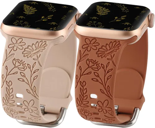 Paquete de 2 correas deportivas grabadas con flores compatibles con correas de Apple Watch de 1.496 pulgadas, 1.575 pulgadas, 1.614 pulgadas, Nogal