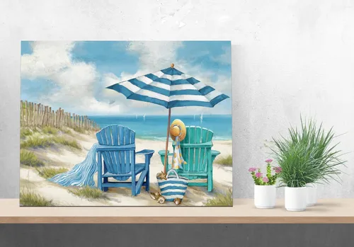 Miniatura 3 de LAIART Lienzo de Arte de Pared de Océano Azul, Decoración de Arte de Playa con Silla de Playa, Impresión de Cuadro, Arte Relajante de Paisaje Marino