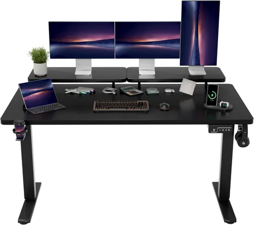 Shahoo Escritorio eléctrico de pie con estante para monitor, mesa esquinera ajustable de altura de 63 x 24 pulgadas, estación de trabajo para Negro
