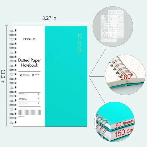 Miniatura 2 de EMSHOI Cuaderno espiral punteado A4, 28.5 x 21 cm, 300 páginas, diario de viñetas con puntos, papel grueso de 100 gsm, cubierta suave impermeable