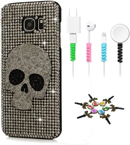 Miniatura 7 de Sparkle Funda compatible con Samsung Galaxy J2 Prime – Elegante funda 3D hecha a mano con diseño de calavera grande con protector de cable