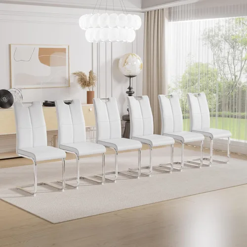 Miniatura 14 de Juego de sillas de comedor modernas (2 unidades) de piel sintética PU con respaldo alto tapizadas con patas doradas de metal para cocina y comedor