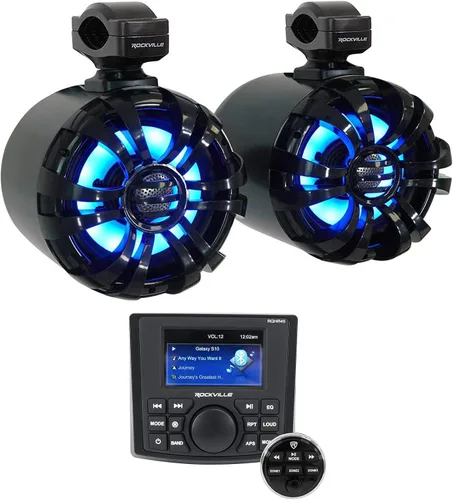 Rockville RGHR45 - Receptor de agujero de calibre marino de 4 zonas, Bluetooth/Radio/Paquete remoto con cable con (2) Rockville WB65KLED 6.5