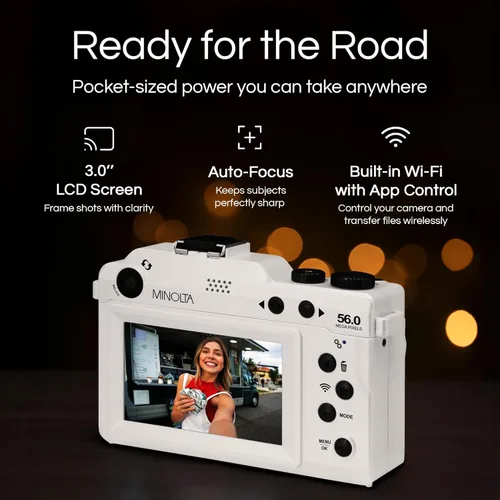 Miniatura 3 de Minolta Cámara digital: fotos de 56MP, video 4K 60FPS, diseño selfie de doble lente, zoom 18X, Wi-Fi, captura RAW/JPEG, LCD de 3 pulgadas, cámara