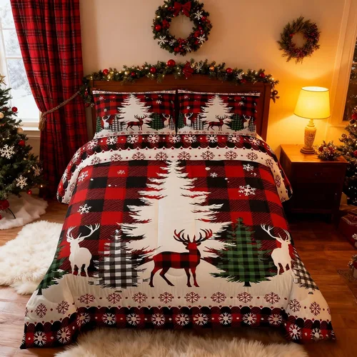 Miniatura 50 de Juego de edredón de Feliz Navidad para niños, tamaño twin, juego de ropa de cama de camión rojo árboles de pino copos de nieve, decoración