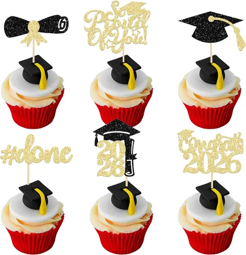Miniatura 32 de Gyufise 24 piezas Adornos para pastel de graduación 2026 con purpurina negra, clase de 2026, adornos para magdalenas con gorra de graduación