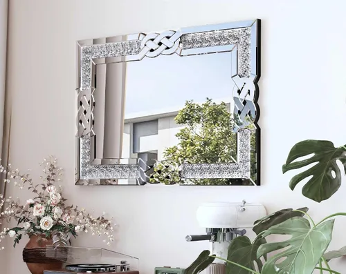 Miniatura 3 de Espejo de diamante triturado plateado: decoración rectangular de pared 35.4 x 23.6 pulgadas Espejo decorativo de lujo con espejo de cristal