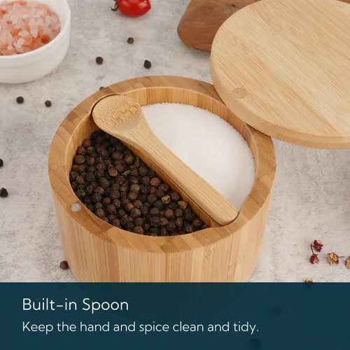 Miniatura 3 de KITCHENDAO - Salero y pimientero de bambú con caja, cuchara incorporada, recipiente de condimentos de dos compartimentos, soporte para salero de sal