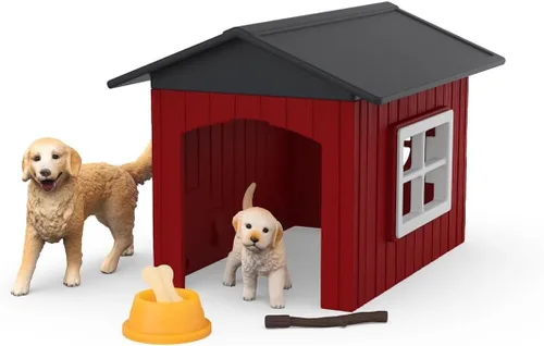 Miniatura 10 de Schleich Farm World - Juego de 6 piezas de perrera de juguete con Golden Retrievers para niños. Juguetes de animales de granja para niños y niñas.