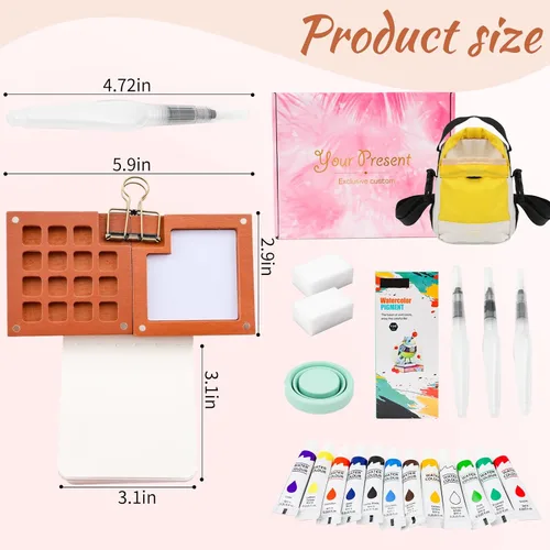 Miniatura 3 de Juego de pintura de acuarela portátil, kit de viaje con paleta de madera de nogal de 15 pozos, 12 colores, taza de agua, 3 pinceles, cuaderno