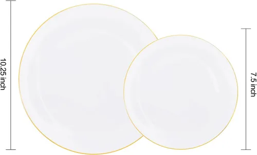Miniatura 7 de KIRE 60 platos de plástico dorado – Platos desechables blancos resistentes de Acción de Gracias con borde dorado para fiesta/boda – Incluye 30