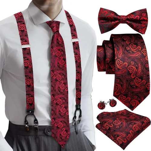 YOHOWA Juego de tirantes para hombre, corbata de lazo, ajustable, pañuelo, gemelos, clip fuerte, banda elástica, boda, fiesta