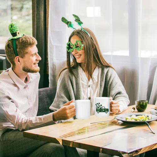 Miniatura 6 de Whaline Juego de 2 tazas del Día de San Patricio de 12 onzas con diseño de trébol a cuadros de búfalo para café, tazas de cerámica irlandesa a