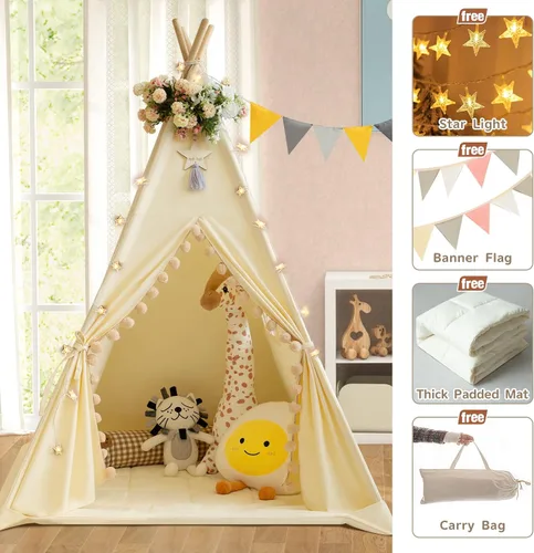 Miniatura 3 de WIRHAO Tienda de campaña tipi para niños con alfombrilla acolchada, lona de algodón, tipi con pompón para niños pequeños, tienda de campaña