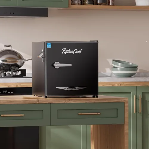 Miniatura 9 de Upstreman Mini refrigerador retro de 1.7 pies cúbicos, bajo ruido, ahorro de energía, termostato ajustable, una sola puerta, abrebotellas lateral