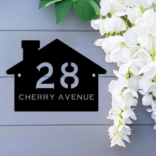 Miniatura 8 de Letrero de número de casa con forma de casa contemporánea personalizada con números y nombre de calle, placa de forma de casa, placa de dirección