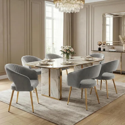 Miniatura 33 de Juego de 2 sillas de comedor modernas, tapizadas de piel sintética dorada con respaldo hueco, sillas de cocina con reposabrazos decorativos