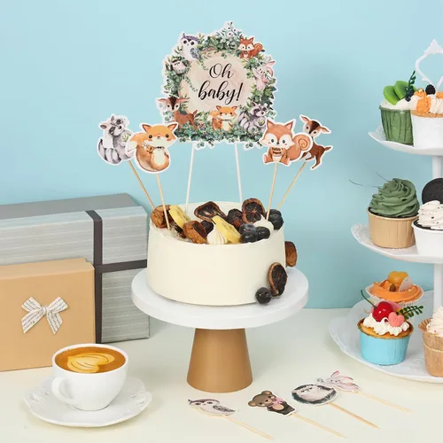 Miniatura 4 de 49 piezas de decoración de cupcakes de bosque neutro de animales del bosque para decoración de baby shower, hojas florales, suministros de fiesta
