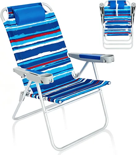 Miniatura 10 de SUNNYFEEL Silla de Playa Plegable Extra Ancha de 28", 5 Posiciones Completamente Reclinable, Silla de Camping Portátil de 17" de Alto con Portavasos
