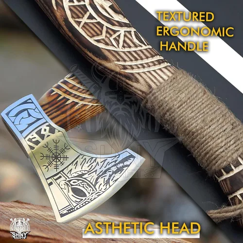 Miniatura 2 de SHINY CRAFTS® Hacha vikinga hecha a mano, hoja nórdica grabada con mango de madera, hacha nórdica barbuda para hombres, regalo único para él, VBA-14