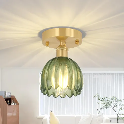 Miniatura 20 de Shenmoyl Luces de pasillo doradas de montaje semiempotrado con vidrio Scindapsus transparente, bombilla incluida, base de 4.72 pulgadas, lámpara