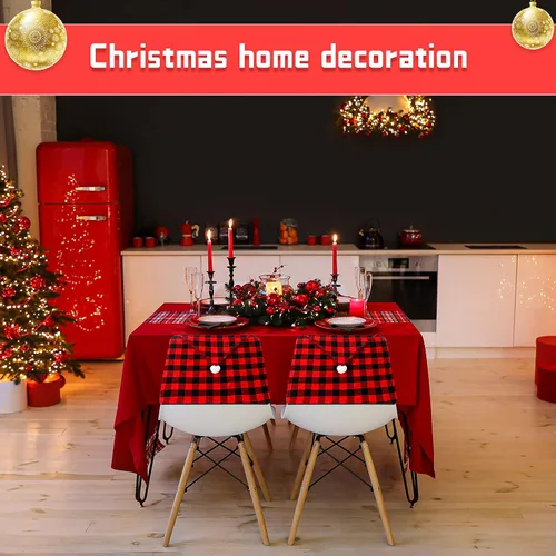Miniatura 5 de Queekay 6 piezas de fundas traseras de silla de Navidad, protector de silla de comedor de Navidad con diseño de sombrero de Papá Noel, a cuadros
