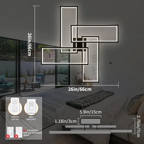 Miniatura 5 de Shine LUEST Modernas luces LED de techo para dormitorio, 26 pulgadas, regulables, cuadradas, para sala de estar, con control remoto, lámpara negra