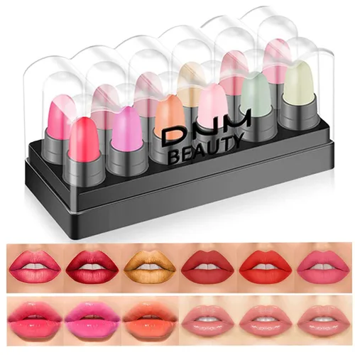 Paquete de 12 lápices labiales en cápsulas: 3 bálsamos labiales sabor manzana y fresa, 3 lápices labiales de gelatina cambiador de color, 3 mate, 3