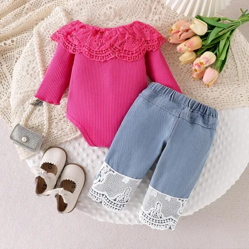 Miniatura 12 de Conjunto de ropa de bebé niña para bebé, mameluco de encaje blanco de manga larga + pantalones de mezclilla