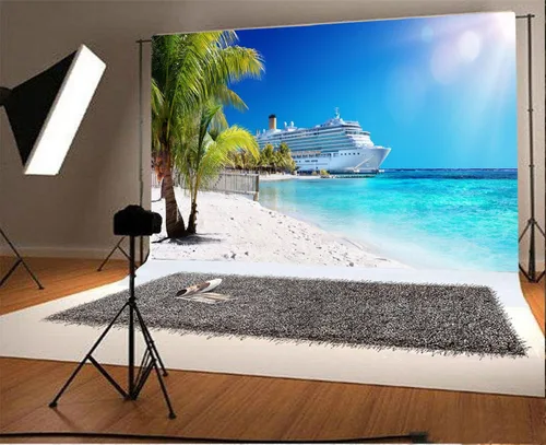 Miniatura 2 de Telón de fondo de fotografía del mar caribeño de 7 x 5 pies, telón de fondo de playa de palmera coral playa decoración de fiesta de crucero