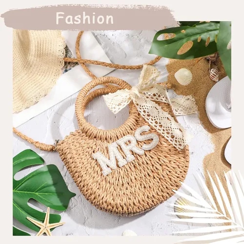 Miniatura 18 de Pinkunn Bolso de paja para novia, bolso tejido a mano, con parches de letras de diamantes de imitación, para despedida de soltera, luna de miel