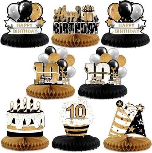 LINGTEER Decoración de mesa de papel para pastel de 10 cumpleaños, color negro y dorado - Juego de 8 piezas, globos de estrella de pastel, centro de