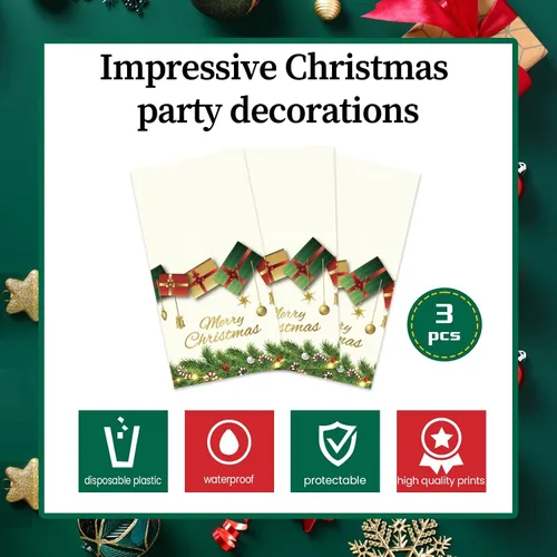 Miniatura 7 de Mantel navideño desechable de plástico, 3 piezas de 54 x 108 pulgadas, mantel rectangular de vinilo blanco de Navidad con la frase "Merry