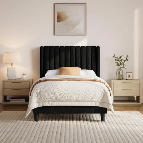 Yaheetech Twin Bed Frame Upholstered Platform Bed with Fabric Headboard, Wing Edge Design/Non-Slip and Noise-Free/Wooden Slats Support/No Box Spring