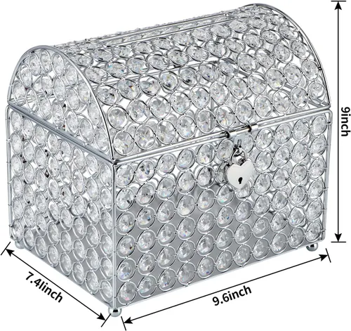 Miniatura 3 de MDLUU Caja de tarjetas del cofre del tesoro con cerradura en forma de corazón, soporte para sobres de cuentas de cristal para bodas, fiestas, Plata