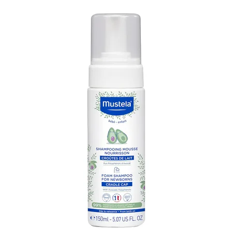 Mustela Champú en Espuma para Costra Láctea para Recién Nacidos - Champú para Bebés con Polifenoles de Aguacate de Origen Natural - Sin Lágrimas y