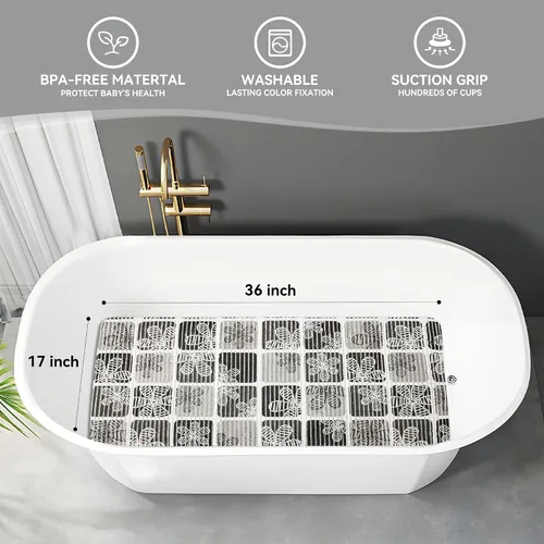Miniatura 3 de Tapete de baño para bañera, antideslizante, de 36 x 17 pulgadas, con dibujos animados, antideslizante, con agujeros de drenaje y ventosas