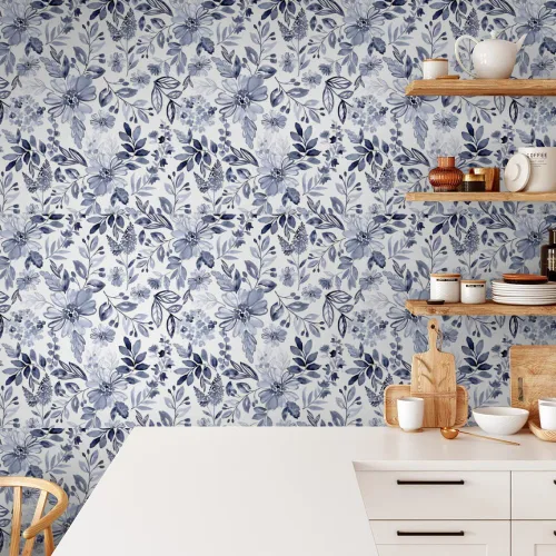 Miniatura 3 de Papel tapiz autoadhesivo de 18 x 236 pulgadas, diseño de acuarela azul marino y blanco, papel de contacto extraíble para cocina, dormitorio, baño