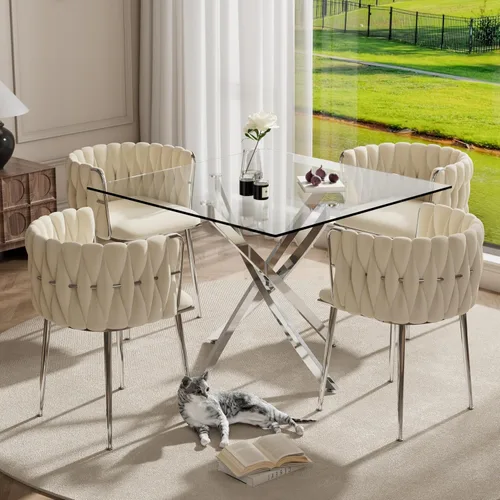 Miniatura 11 de RGZ Juego de mesa de cocina cuadrada minimalista moderna de 3 piezas, mesa de comedor de vidrio transparente con sillas tejidas negras, juego de 2