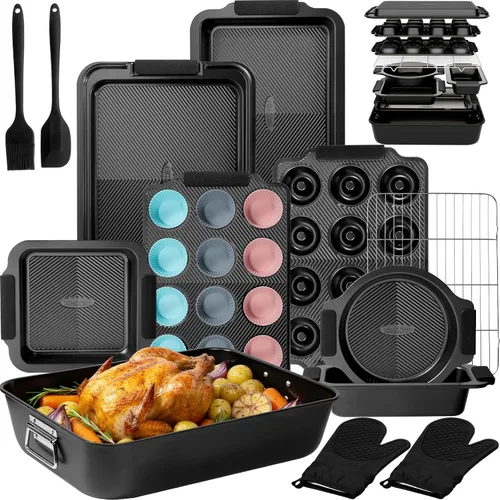 Kikcoin Juego de 25 moldes apilables para hornear, juegos de utensilios para hornear antiadherentes con asas de silicona, hojas de galletas aptas