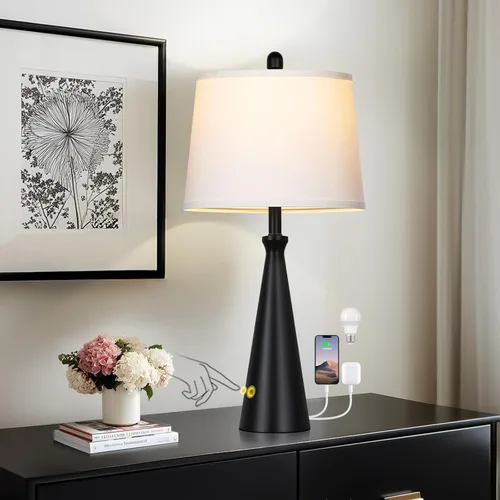 Rinweey 28" Black Touch Table Lamp with USB A+C Ports, 3-Way Dimmable Bedroom Lamp for Night Stand, Tall Modern Touch Lamp for Living Room End