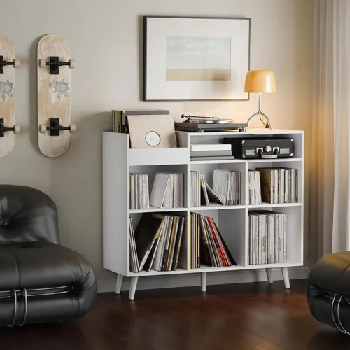 Miniatura 2 de Cozy Castle Soporte grande para tocadiscos con armario de almacenamiento de vinilo, mesa giratoria de madera, soporte abierto para hasta 500 Negro