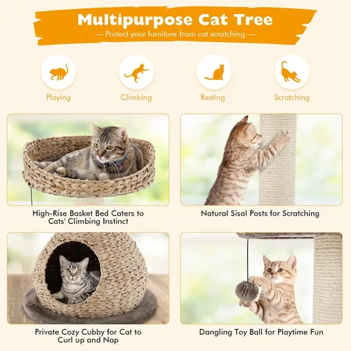 Miniatura 5 de Tangkula Árbol para gatos moderno, torre para gatos pequeña con poste de rascar de sisal natural, condominio para gatos de mimbre hecho a mano