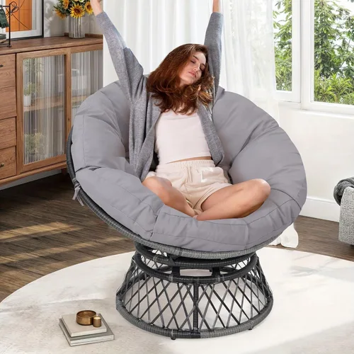 Miniatura 10 de KROFEM Silla Papasan ergonómica de mimbre de 40 pulgadas, silla giratoria de 360° para interiores y exteriores con cojín grueso suave, ideal