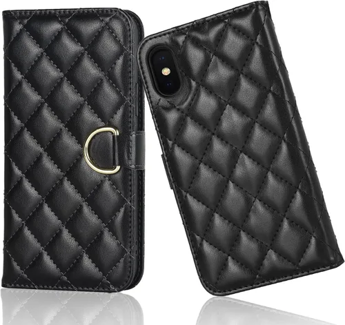 Miniatura 14 de Havaya Funda para iPhone Xs y iPhone X, cartera con tarjetero y llavero, soporte de anillo de piel sintética, diseño floral con ranuras