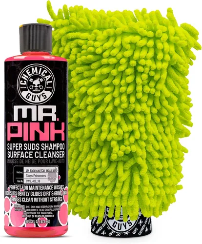 Chemical Guys Mr. Pink - Kit de jabón de lavado de coche y guante de chenilla, champú automático de alta espuma de 16 onzas con guante de microfibra