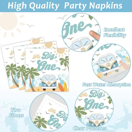 Miniatura 4 de 200 piezas Platos y Servilletas de Fiesta de Verano de Playa The Big One para Niño Surfeando Primer Cumpleaños, Juego de Vajilla Hawaiana