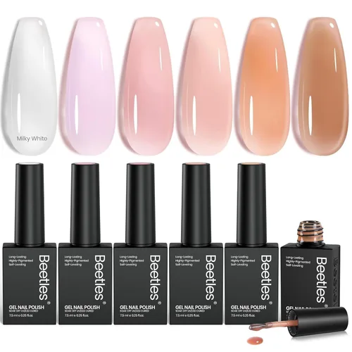 Beetles Jelly - Juego de esmaltes de uñas en gel, 6 colores blanco lechoso nude rosa marrón transparente, kit de esmalte en gel corrector de uñas