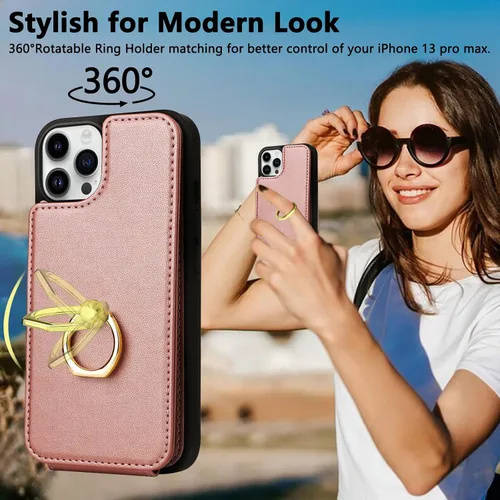 Miniatura 3 de Funda tipo cartera compatible con iPhone 13 Pro con tarjetero, rotación de 360°, soporte de anillo de dedo con función atril, protección RFID, Oro